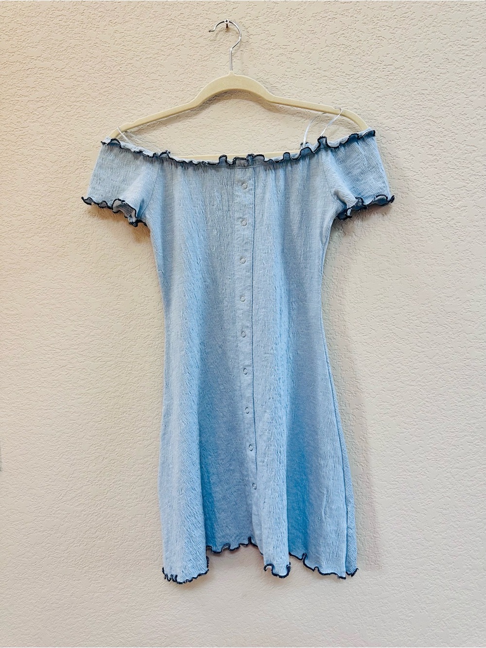 Off-Shoulder Light Blue Mini Dress with Contrast Trim